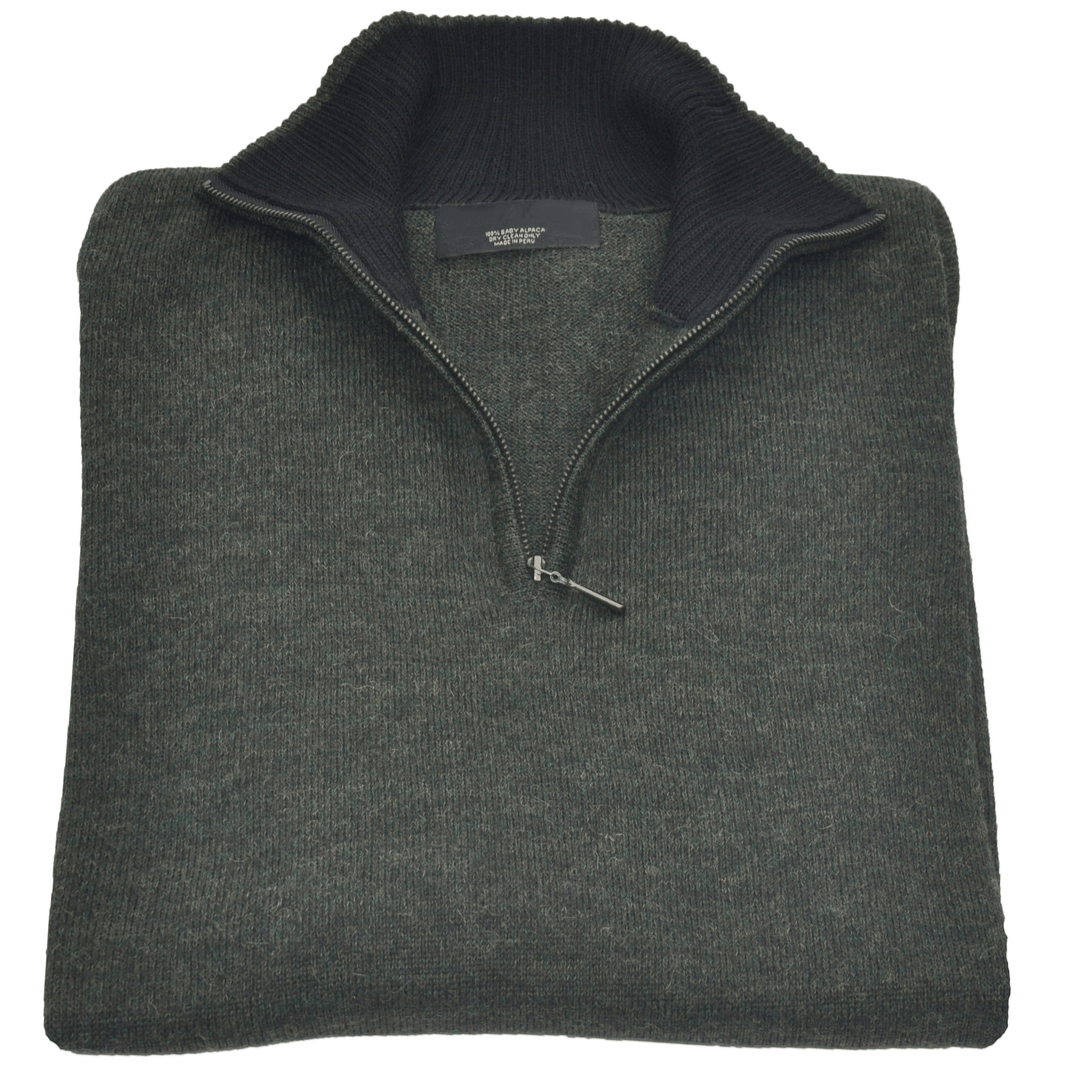 Men&#39;s Baby Alpaca Half Zip Sweater - Green Melange - Qinti - The Peruvian Shop