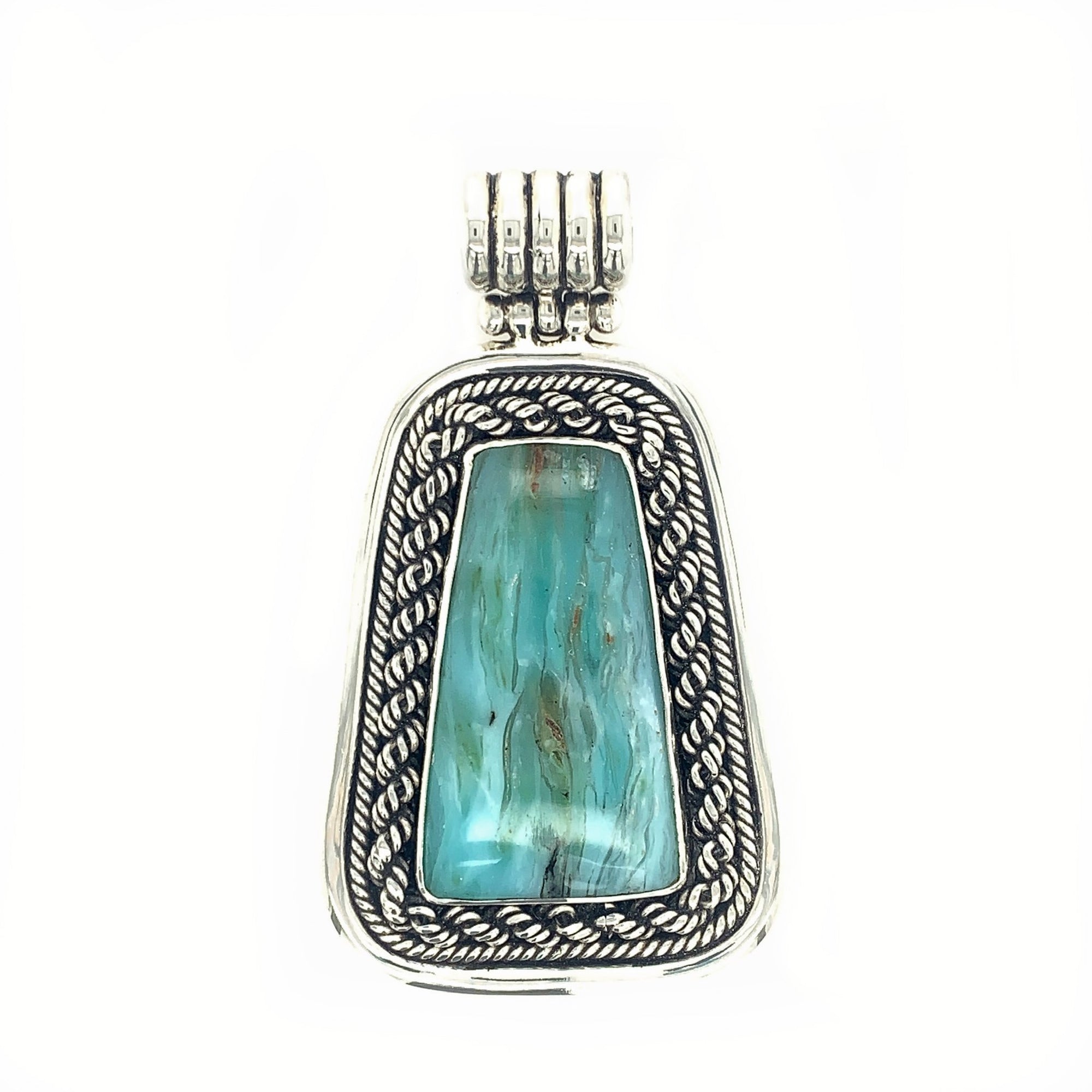Sterling Silver & Peruvian Blue Opal Trapezoid Pendant with Rope Detail - Qinti - The Peruvian Shop