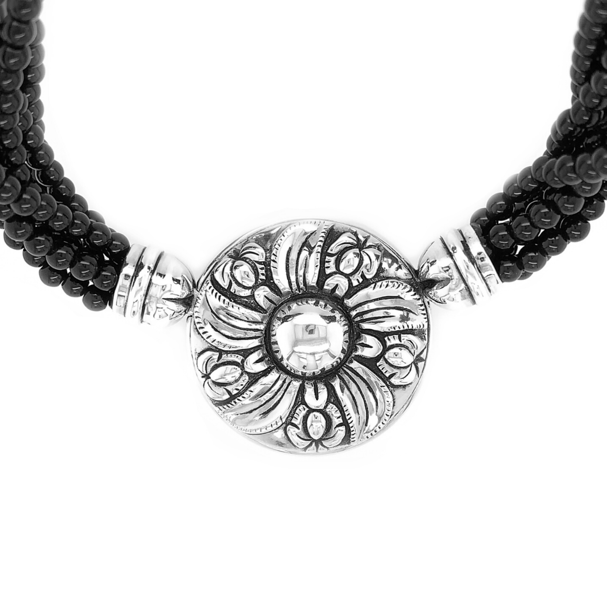Black Onyx Strands & Sterling Silver Colonial Flower Necklace - Qinti - The Peruvian Shop