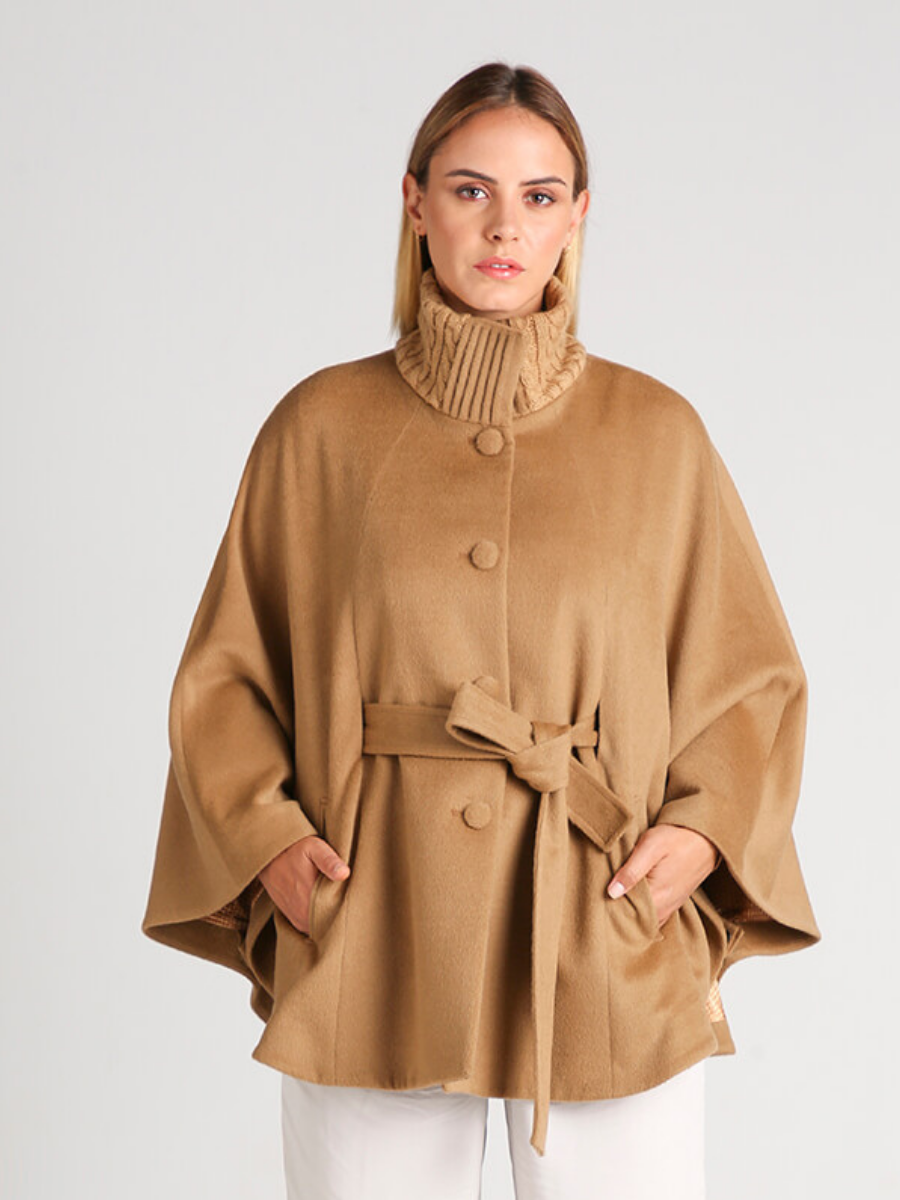Baby Alpaca belted Cape with Rib knit collar at QintiPeru.com