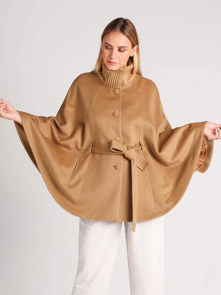 Baby Alpaca belted Cape with Rib knit collar at QintiPeru.com