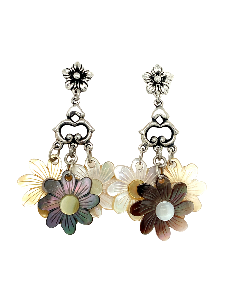 Carved Mother-of-Pearl and Sterling Silver Flower Dangle Earrings Sterling Silver - Qinti - The Peruvian Shop