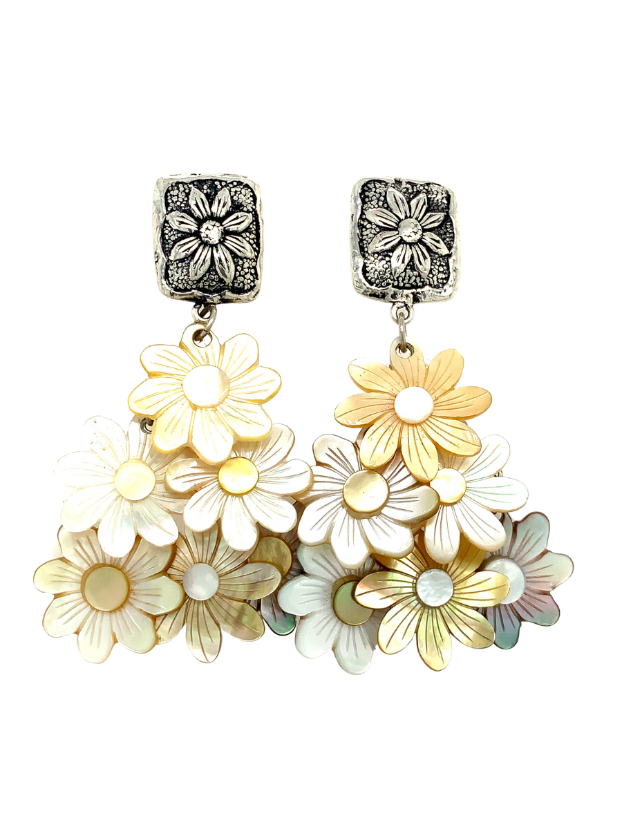 Carved Mother-of-Pearl and Sterling Silver Flower Dangle Earrings Sterling Silver - Qinti - The Peruvian Shop