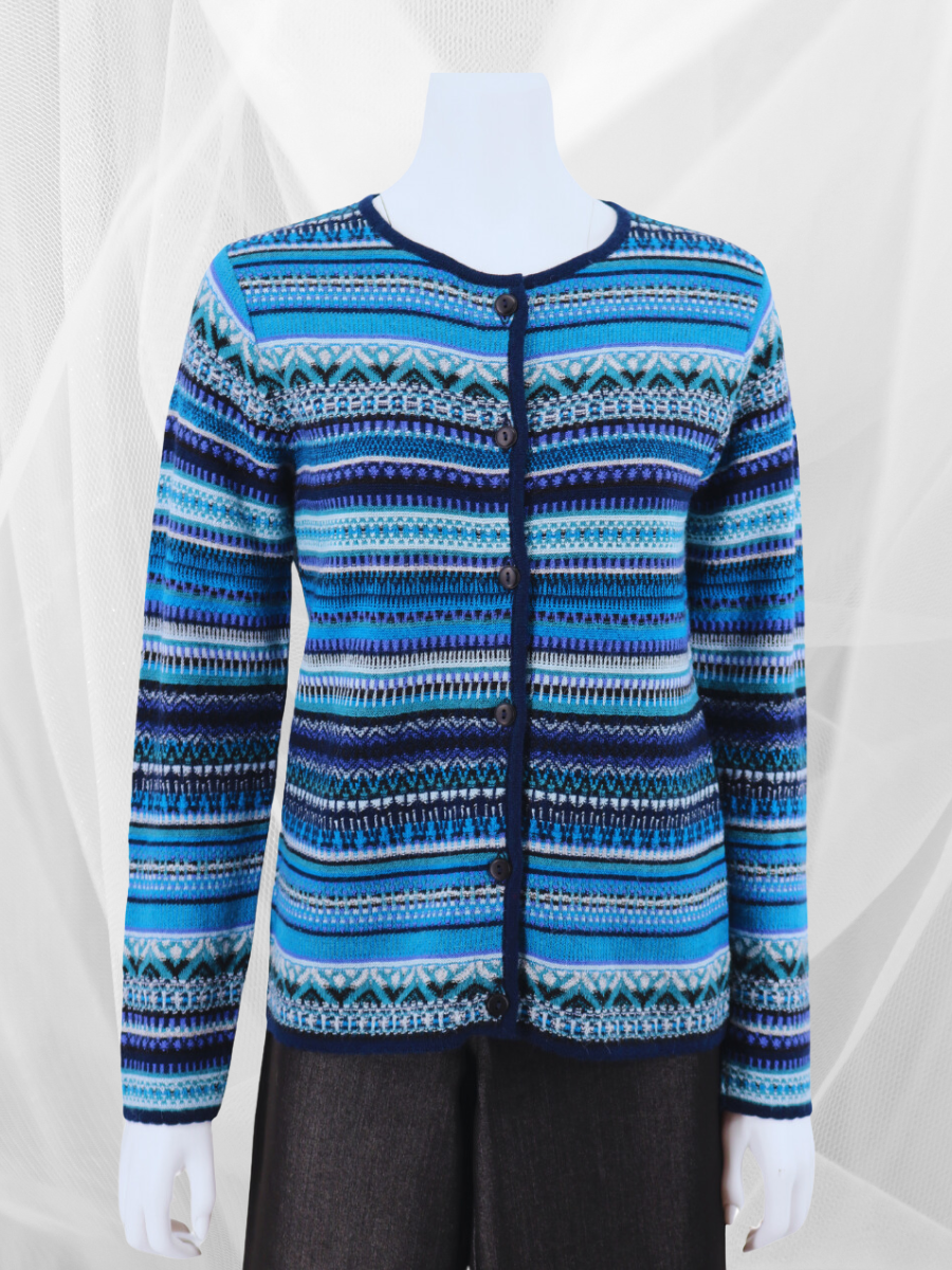 Baby Alpaca Nordic Pattern 7-Color Cardigan - Blues - Qinti - The Baby Alpaca Nordic Pattern 7-Color Cardigan - Blues - Qinti - The
