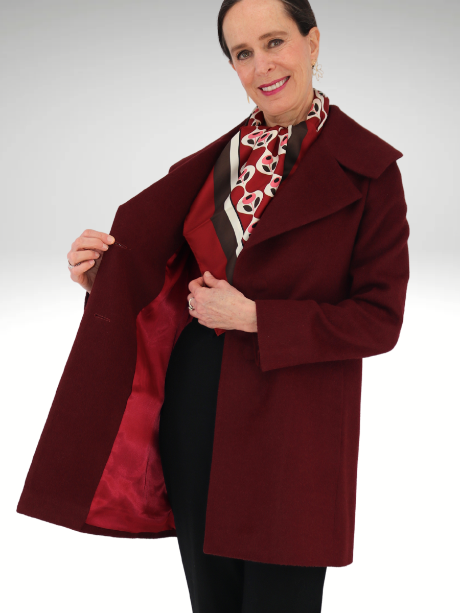 Women's Baby Alpaca Mid-Length Coat - Burgundy - Qinti - The