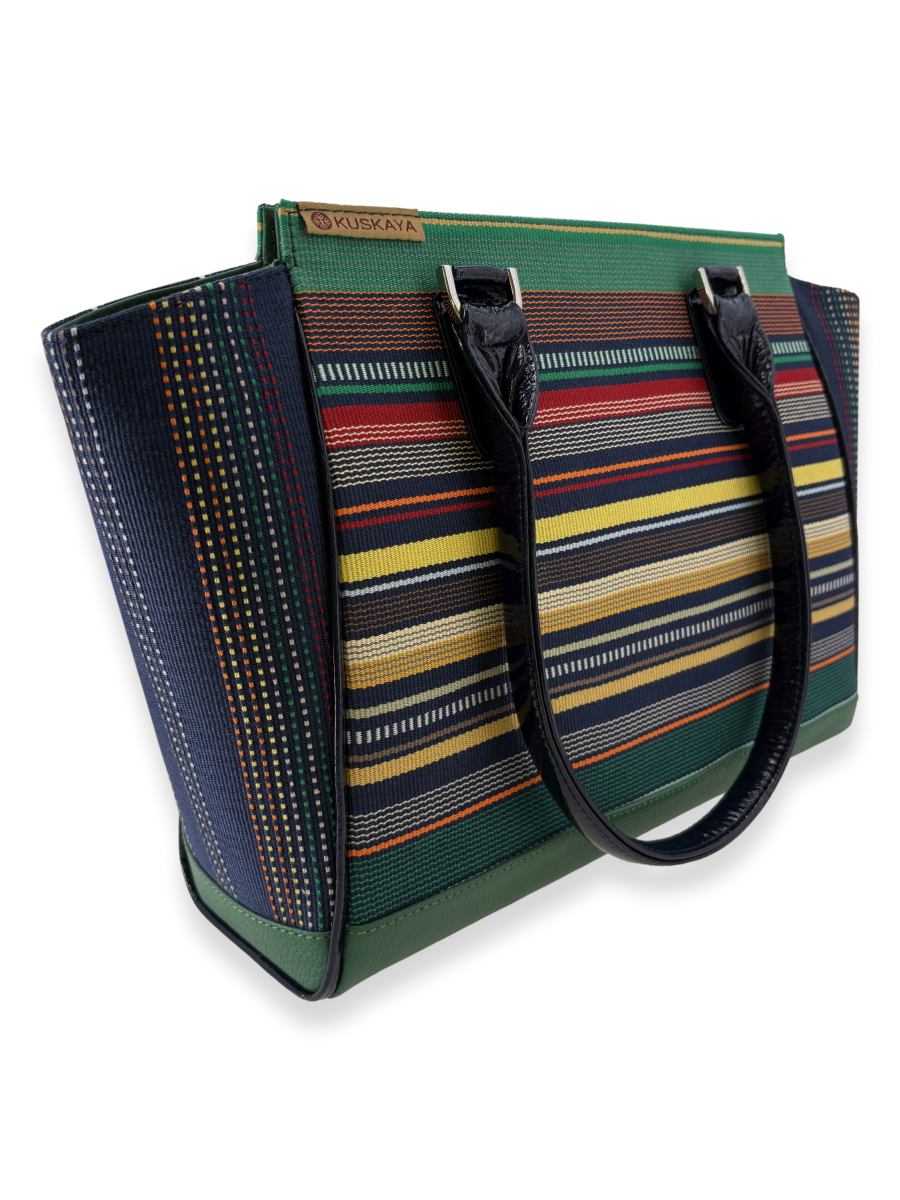 Multicolored striped tote amanda shoulder bag Designed by Kuskaya and sold at qinti the peruvian shop.