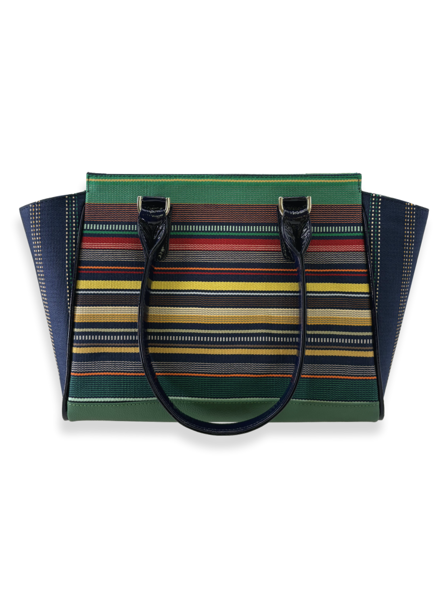Striped handbag with a green top section and multicolored body on a white background