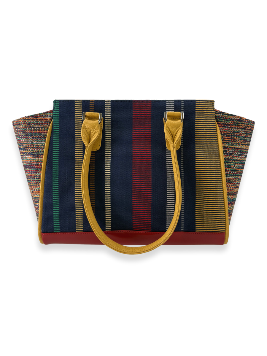 Amanda Grande designer handbag crafted from mercerized Peruvian Pima cotton with yellow leather handles, red leather base, and navy striped textile body, one-of-a-kind luxury handbag made in Peru.
