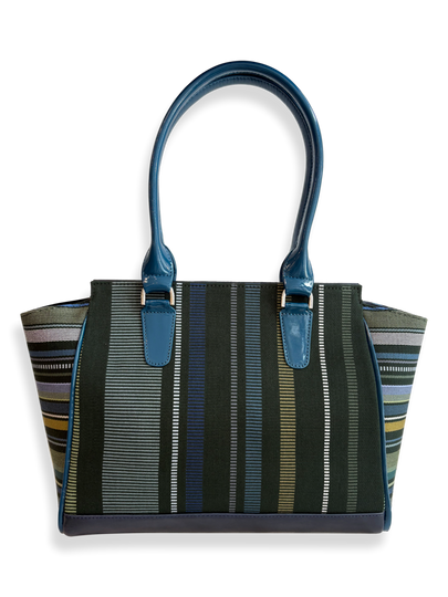 Amanda Grande Kuskaya handbag from Peru with structured silhouette, featuring dark green woven textile with vertical stripes in blue, white, gray, and chartreuse tones, complemented by glossy blue leather handles and trim; available at Qinti, The Peruvian Shop.