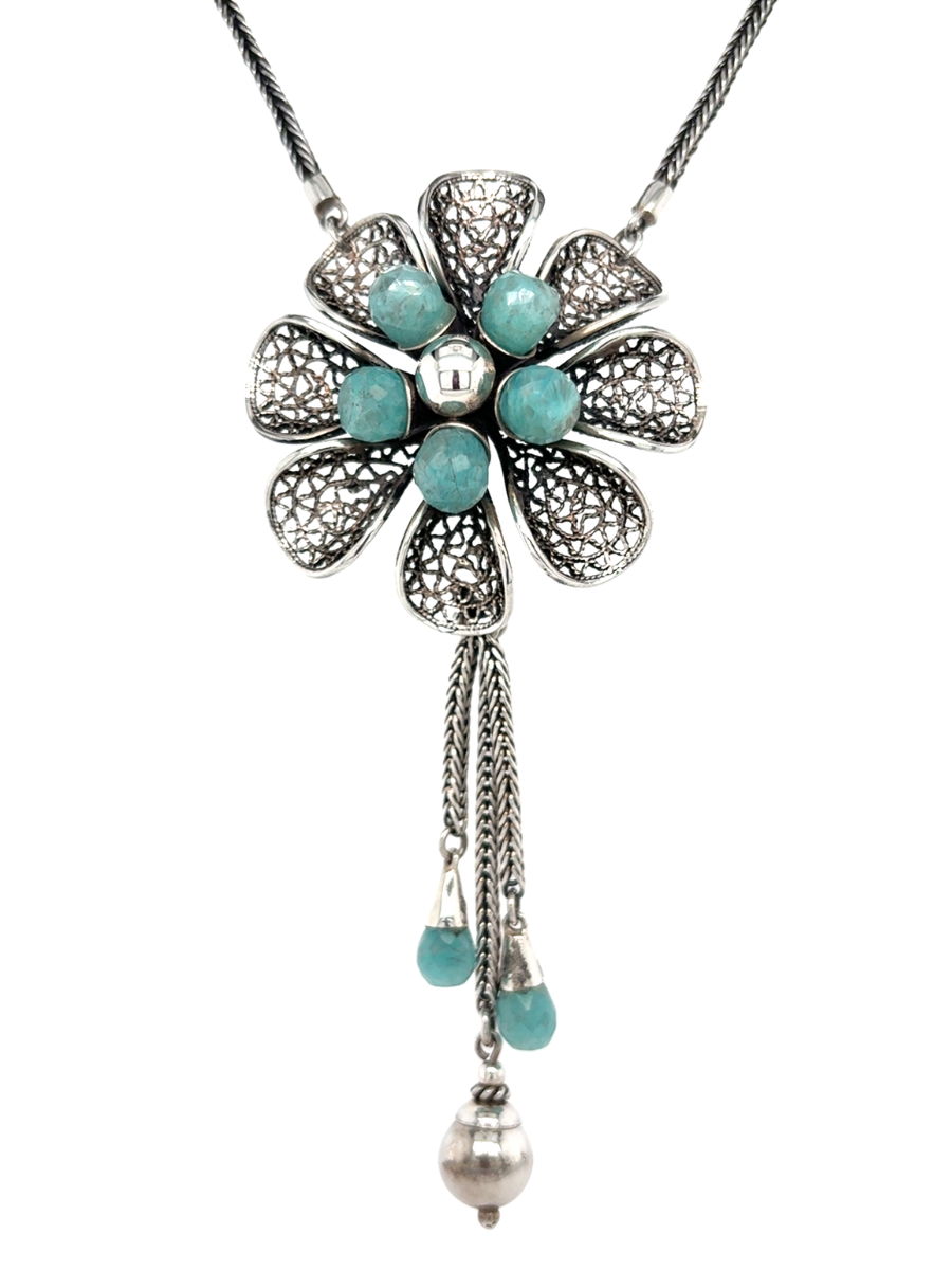 Handcrafted Large Filigree Sterling Silver Flower with Amazonite Necklace - QINTI The Peruvian Shop