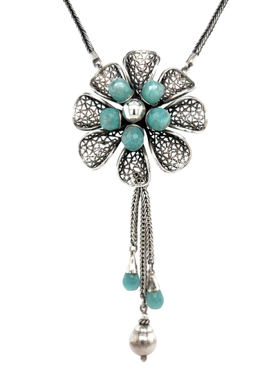 Handcrafted Large Filigree Sterling Silver Flower with Amazonite Necklace - QINTI The Peruvian Shop