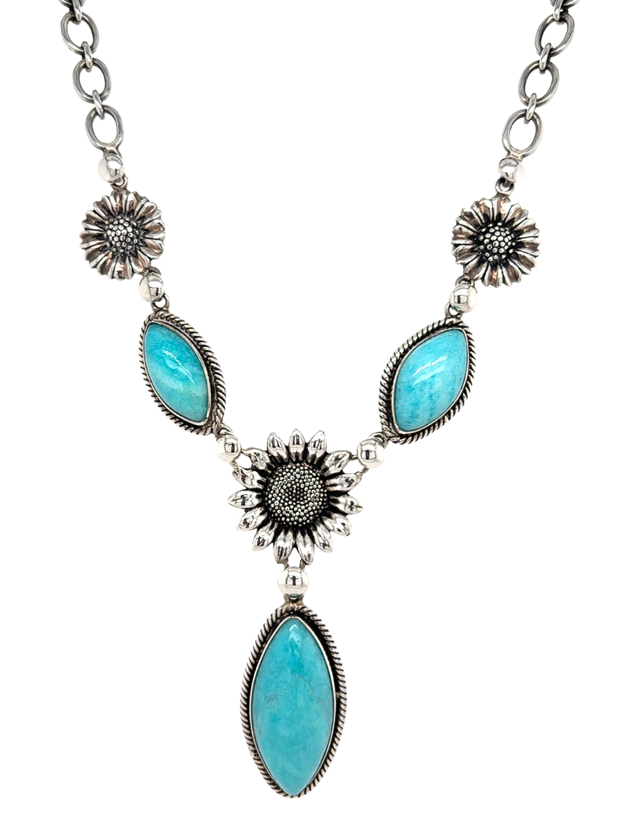 Handcrafted Sterling Silver & Amazonite Sunflower Necklace - QINTI The Peruvian Shop