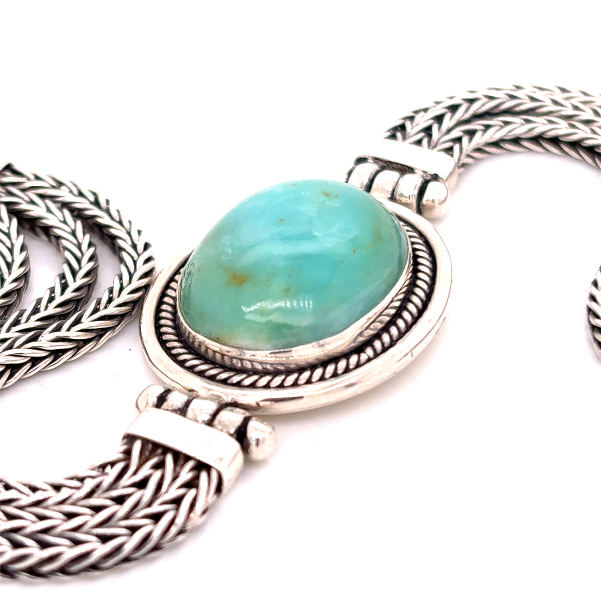 Handmade 950 sterling silver amazonite bracelet with braided multi-strand design, oval cabochon gemstone luxury jewelry for women from Qinti The Peruvian Shop.