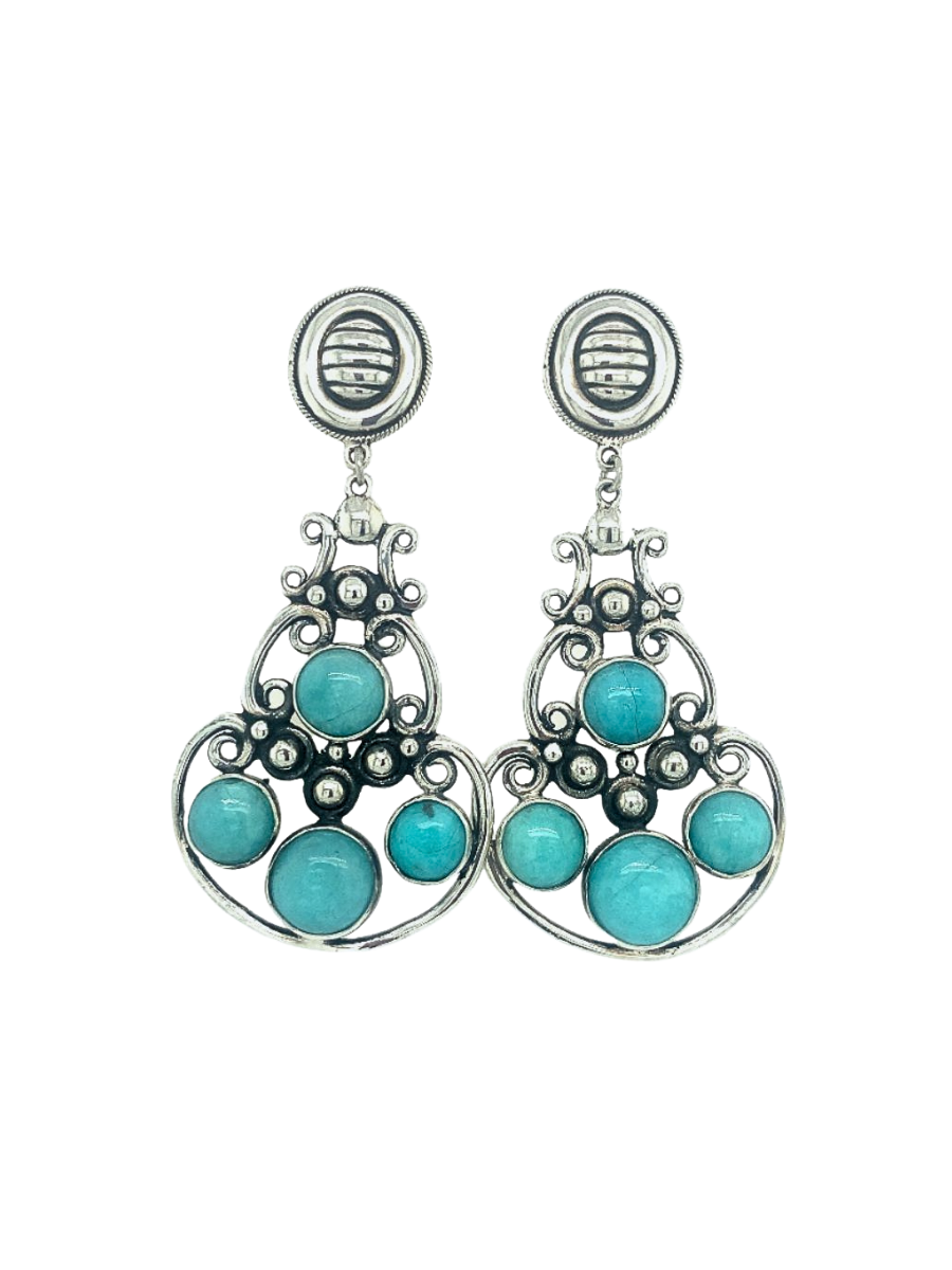 A pair of sterling silver chandelier earrings with blue amazonite gemstones, featuring a classic curving filigree design.