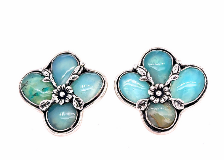 Handcrafted Sterling Silver & Andean Opal Cluster Earrings with French Clip - QINTI The Peruvian Shop