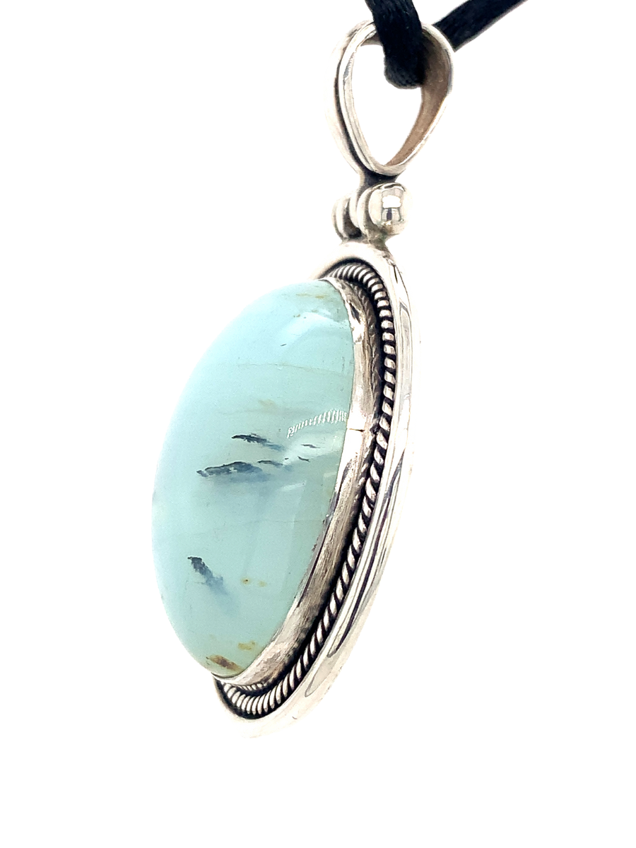Sterling Silver & Peruvian Blue Opal Circle Pendant with Rope Detail - One of a Kind - Qinti - The Peruvian Shop