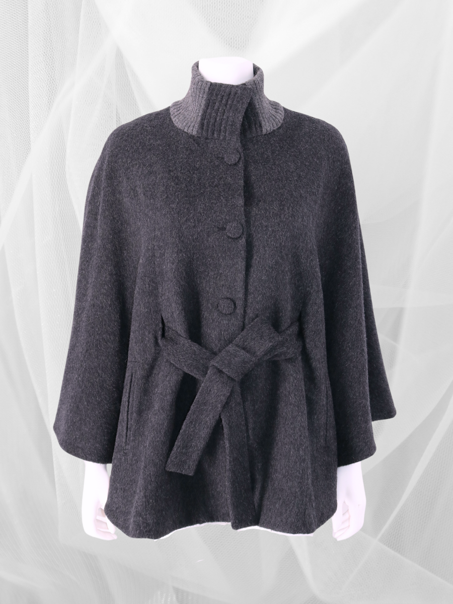 Baby Alpaca Belted Cape Rib Knit Collar in Charcoal - QINTI The Peruvian Shop