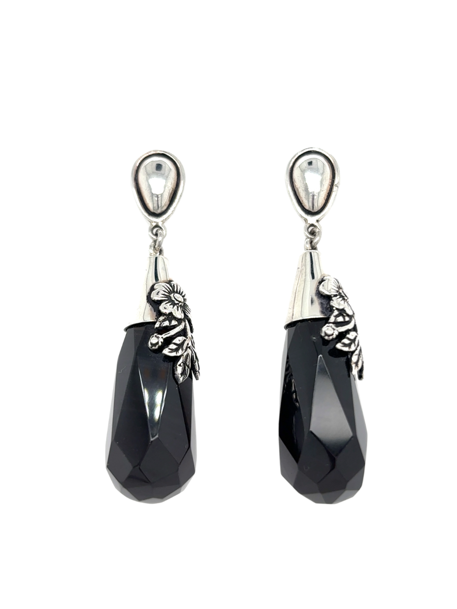 Sterling silver & faceted Black Onyx Drop Earrings - QintiPeru.com