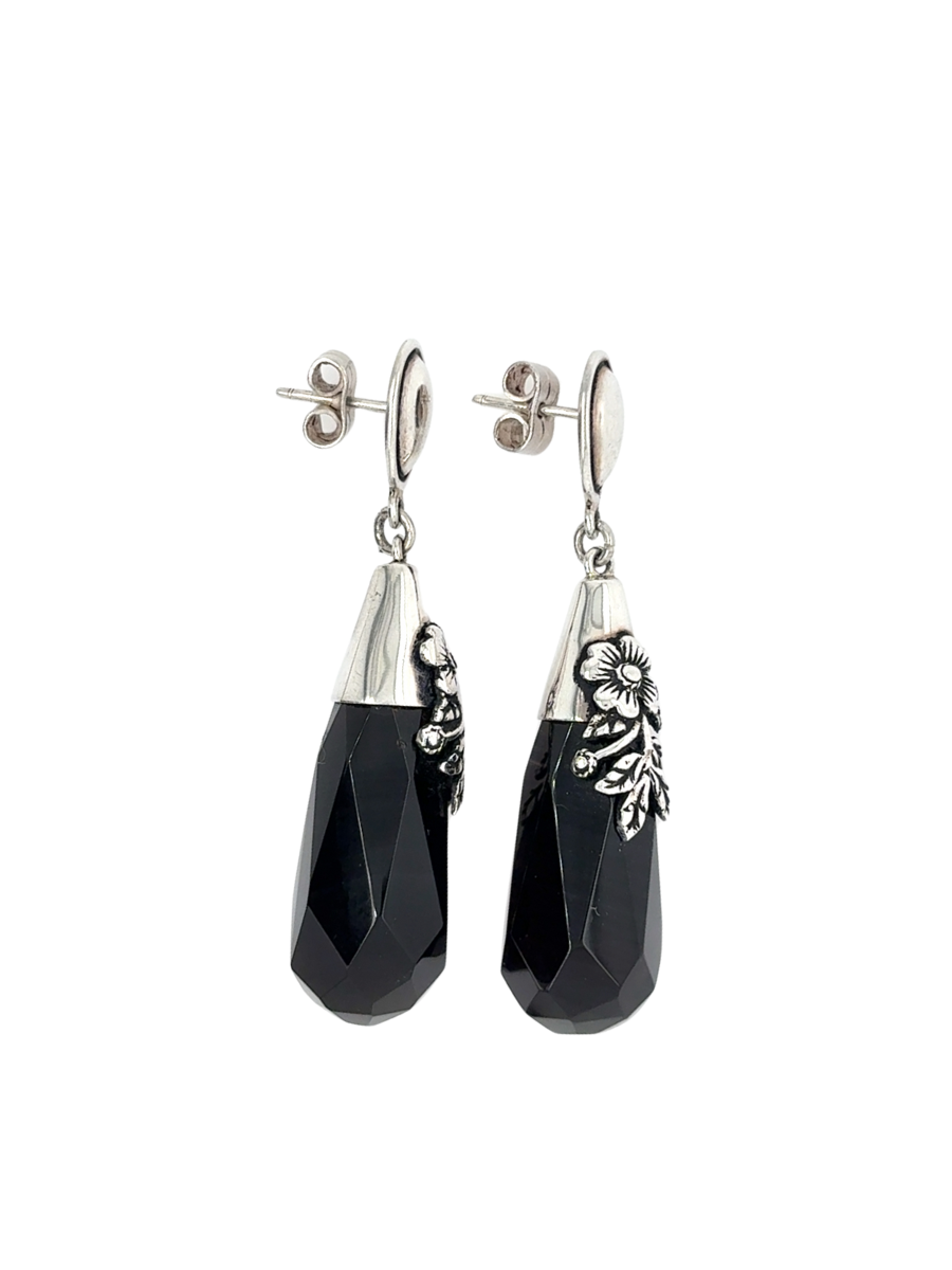 Sterling silver & faceted Black Onyx Drop Earrings - QintiPeru.com