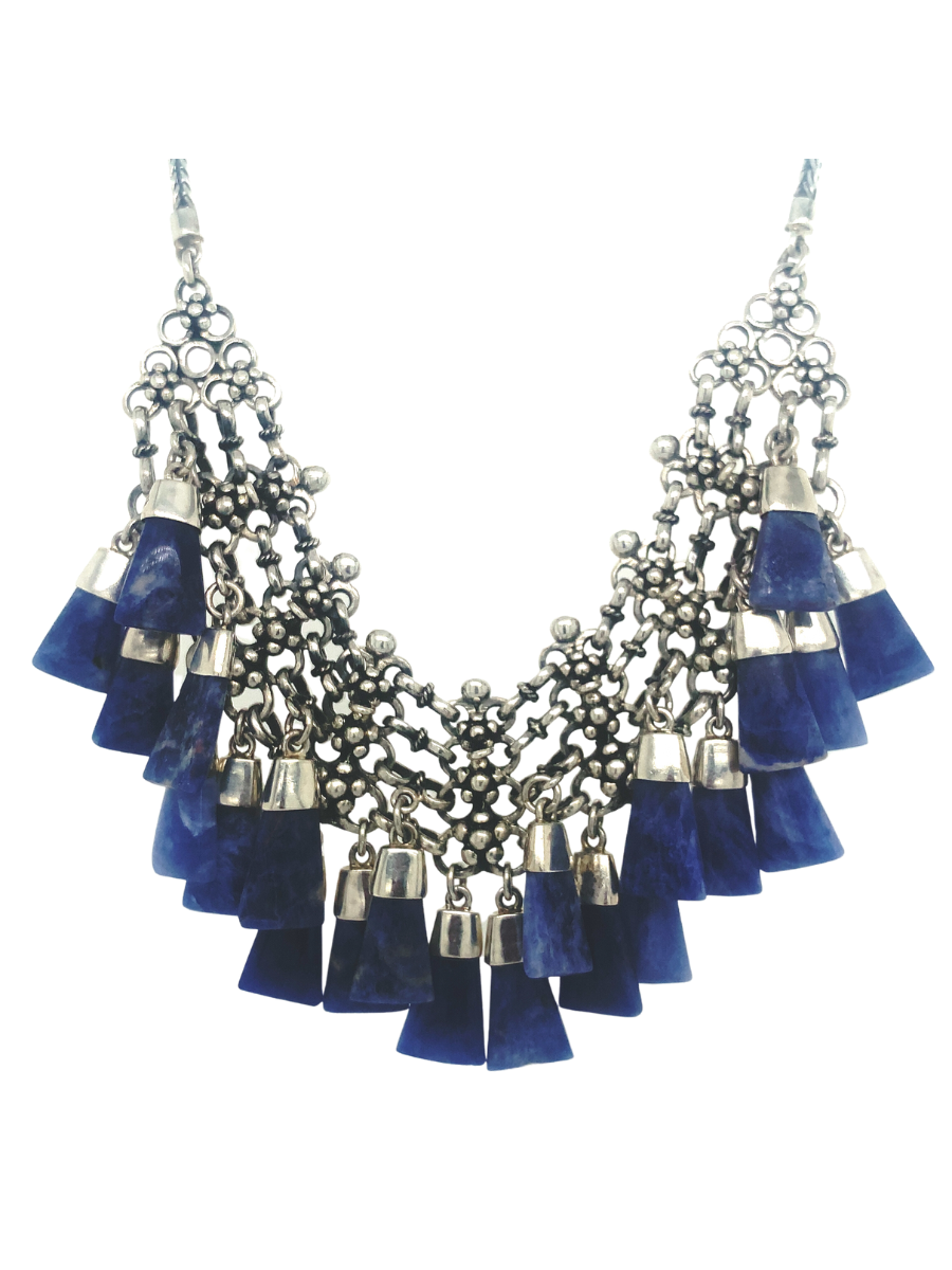 Handcrafted Sterling silver statement necklace with Blue Sodalite 'lenguetas' - QINTI The Peruvian Shop