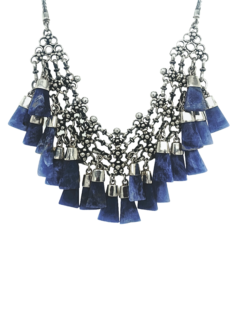 Handcrafted Sterling silver statement necklace with Blue Sodalite 'lenguetas' - QINTI The Peruvian Shop
