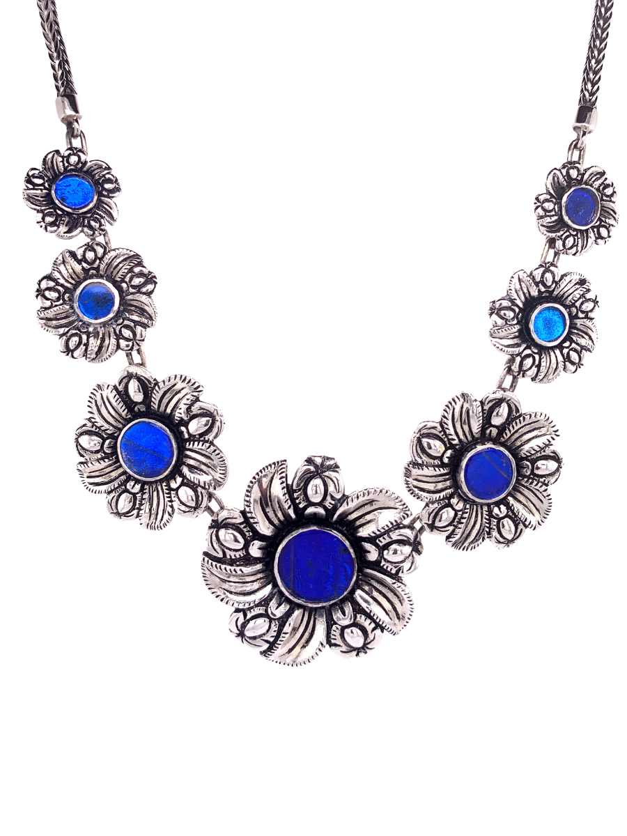 Handcrafted Sterling Silver Flower Necklace with Blue Morpho Butterfly - QINTI The Peruvian Shop