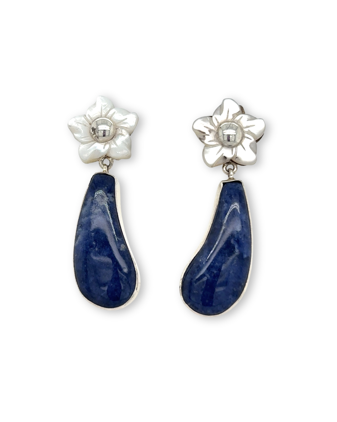 Sterling Silver & Blue Sodalite Teardrop & Mother-of-Pearl Flower studs - QINTI The Peruvian Shop.
