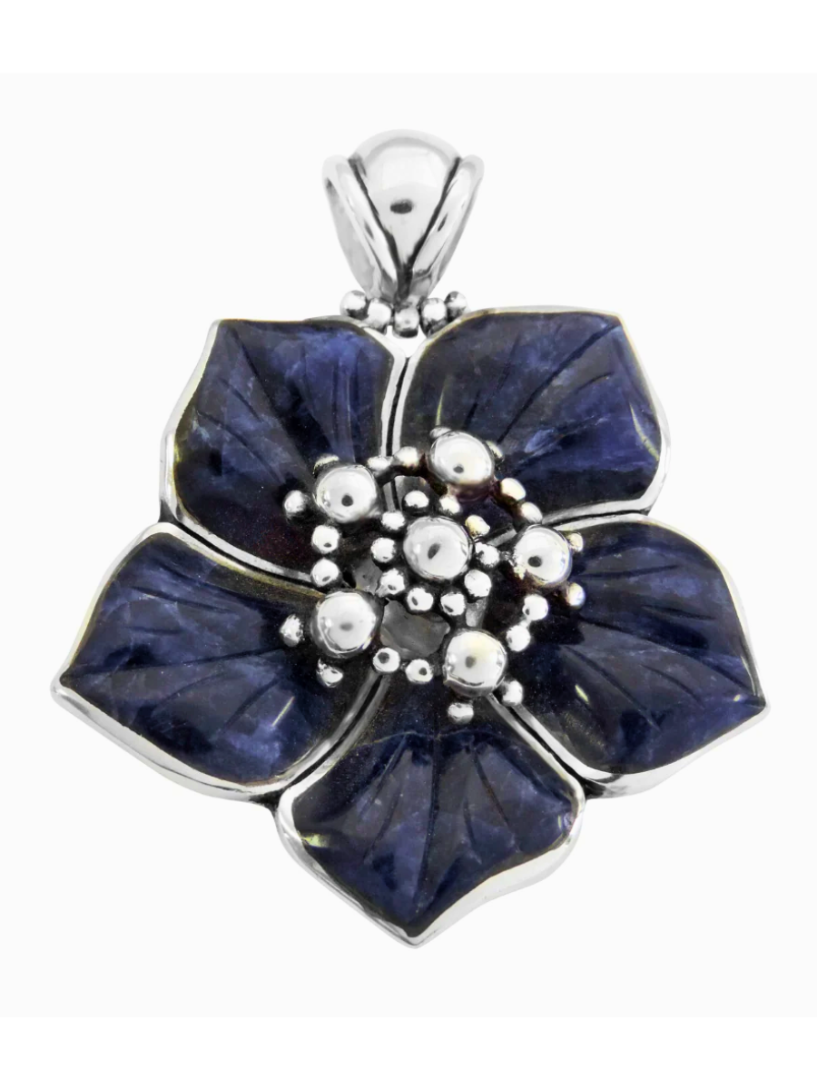 Handcrafted Sterling Silver & Blue Sodalite Carved Flower Pendant - QINTI The Peruvian Shop