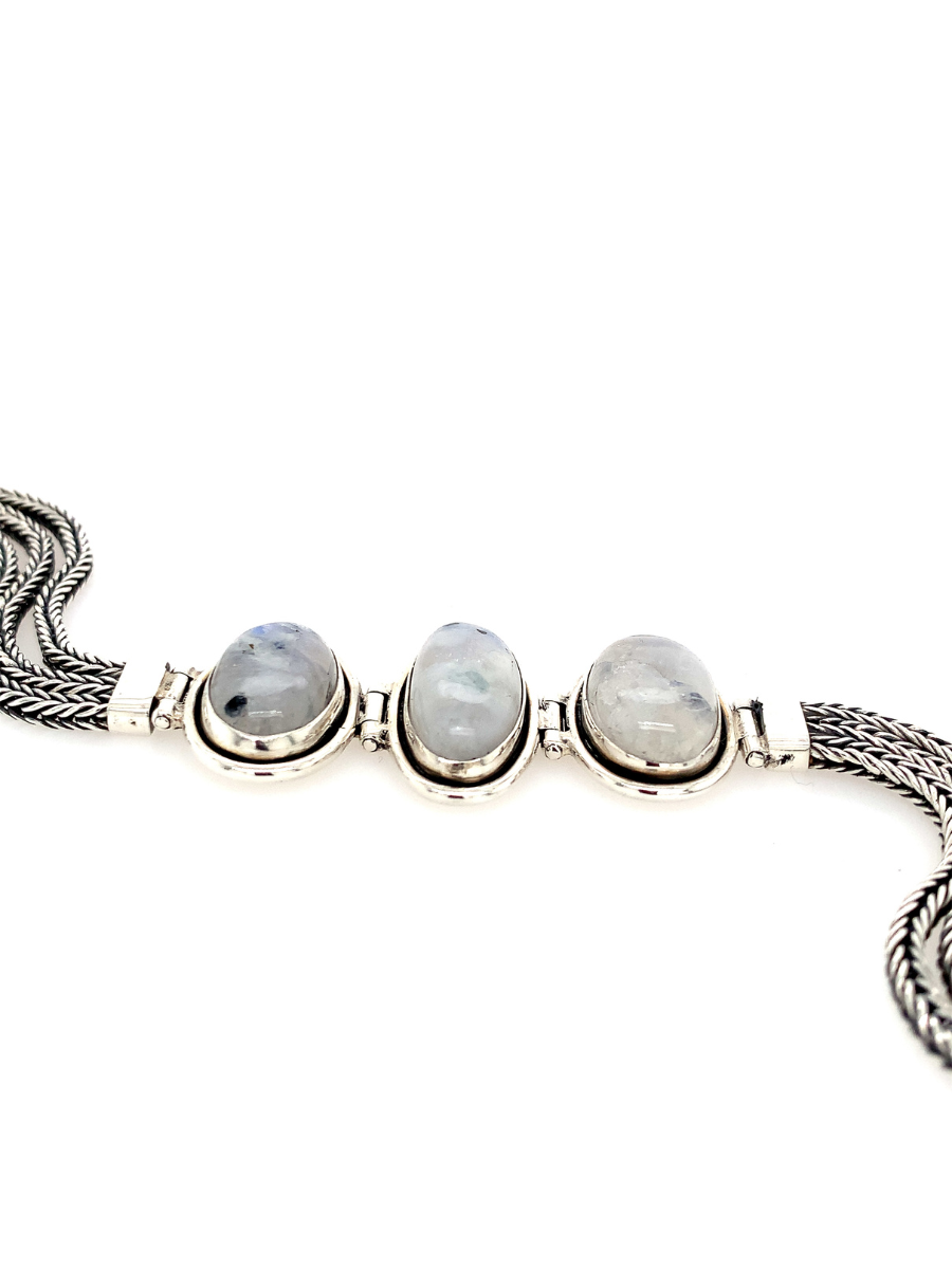 Handcrafted Sterling Silver & 3-Ovals Rainbow Moonstone Bracelet - QINTI The Peruvian Shop