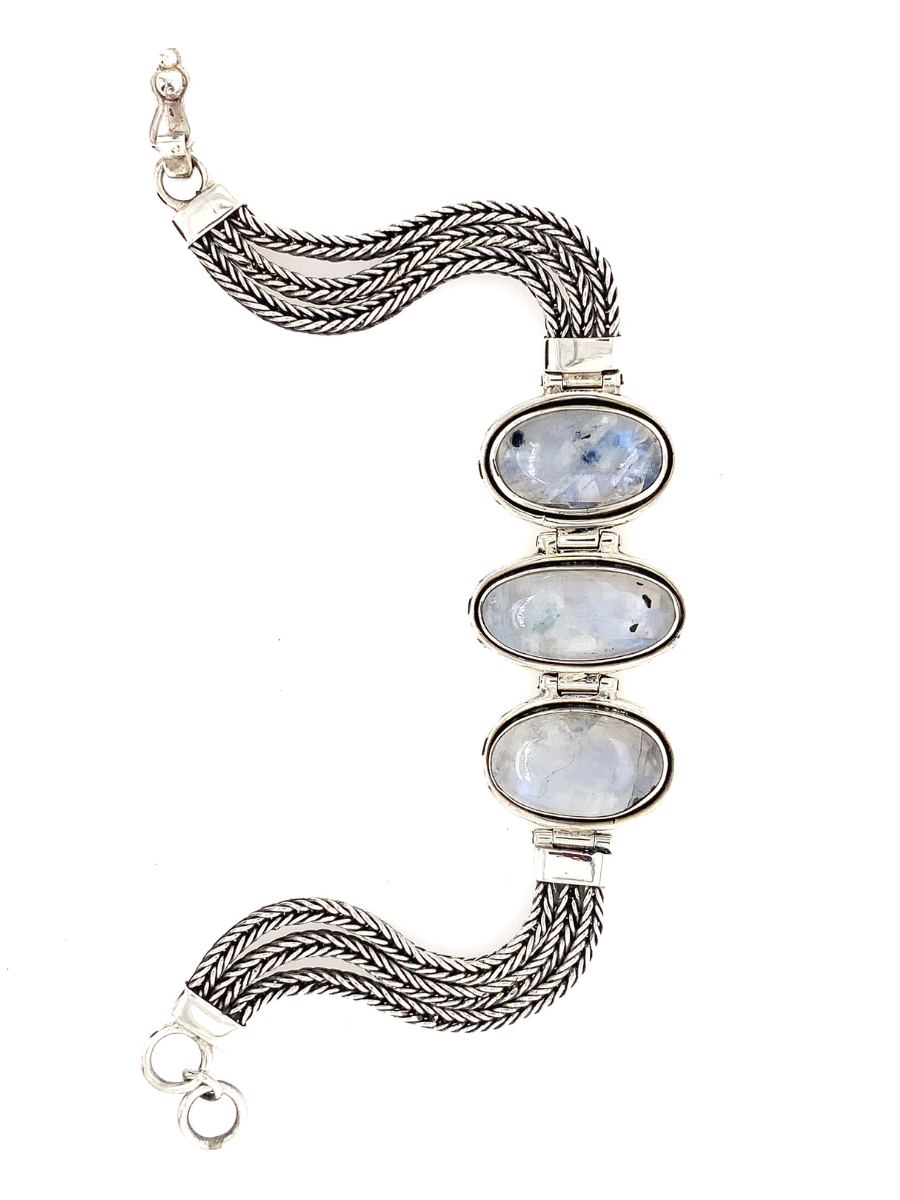Handcrafted Sterling Silver & 3-Ovals Rainbow Moonstone Bracelet - QINTI The Peruvian Shop