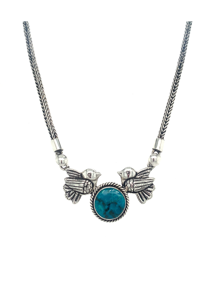Handcrafted Sterling Silver &amp; Chrysocolla Love Doves Necklace - QINTI The Peruvian Shop