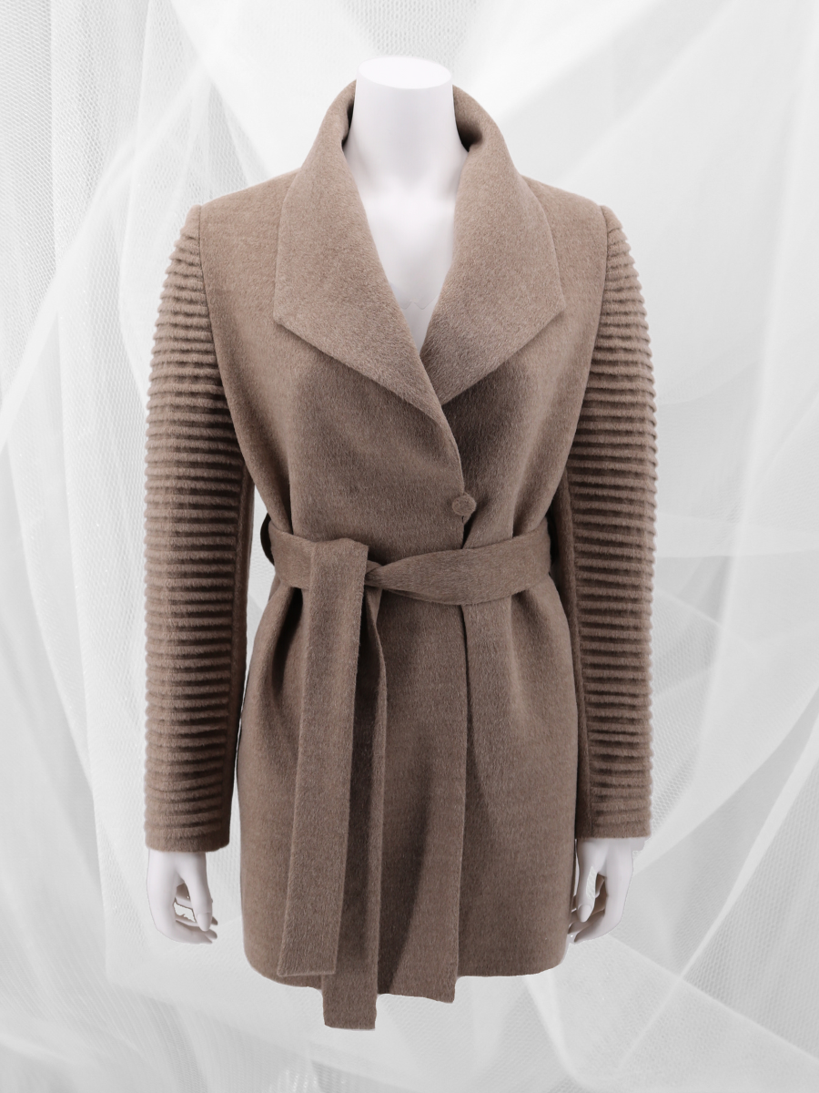 Baby Alpaca Mid-length Coat with Ribbed Sleeves in Oats - QINTI The Peruvian Shop