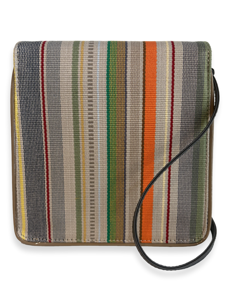 Reverse view of the Cocktail Crossbody Handbag showcasing a different multicolor woven Peruvian Pima cotton pattern with smooth grey leather strap, handcrafted in Peru.