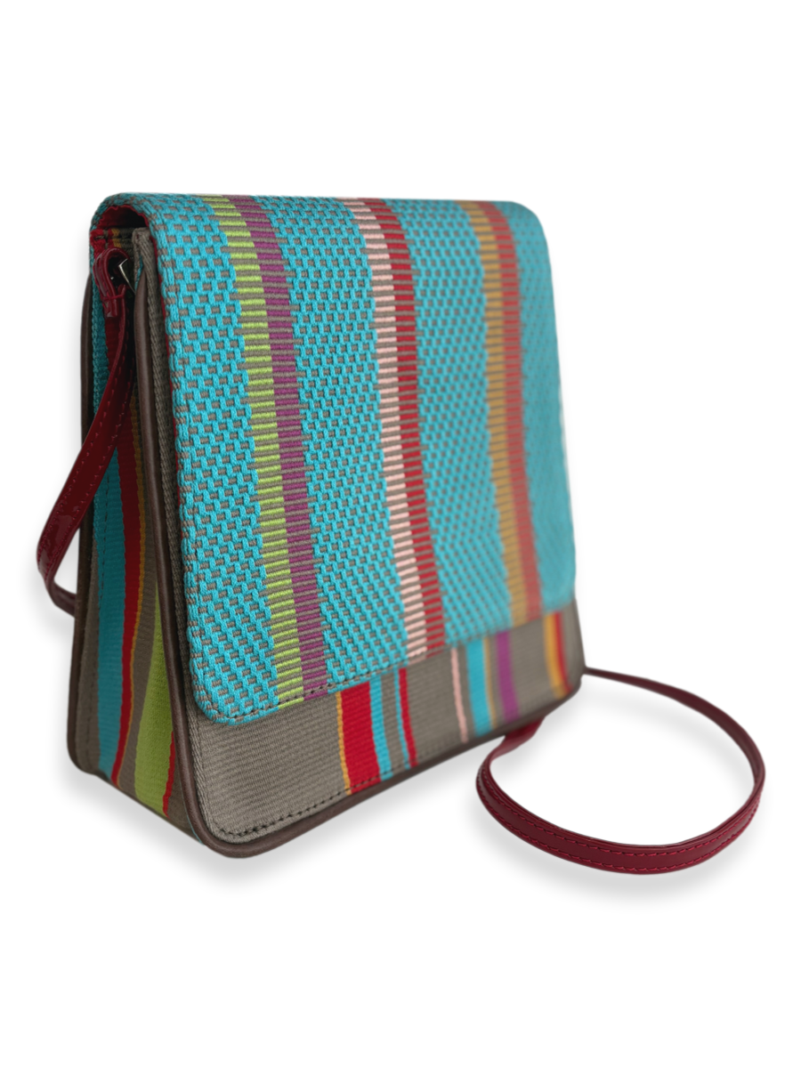 Multicolored striped crossbody bag With  a Red strap. One-of-a-kind Kuskaya handbag from Qinti The Peruvian Shop.