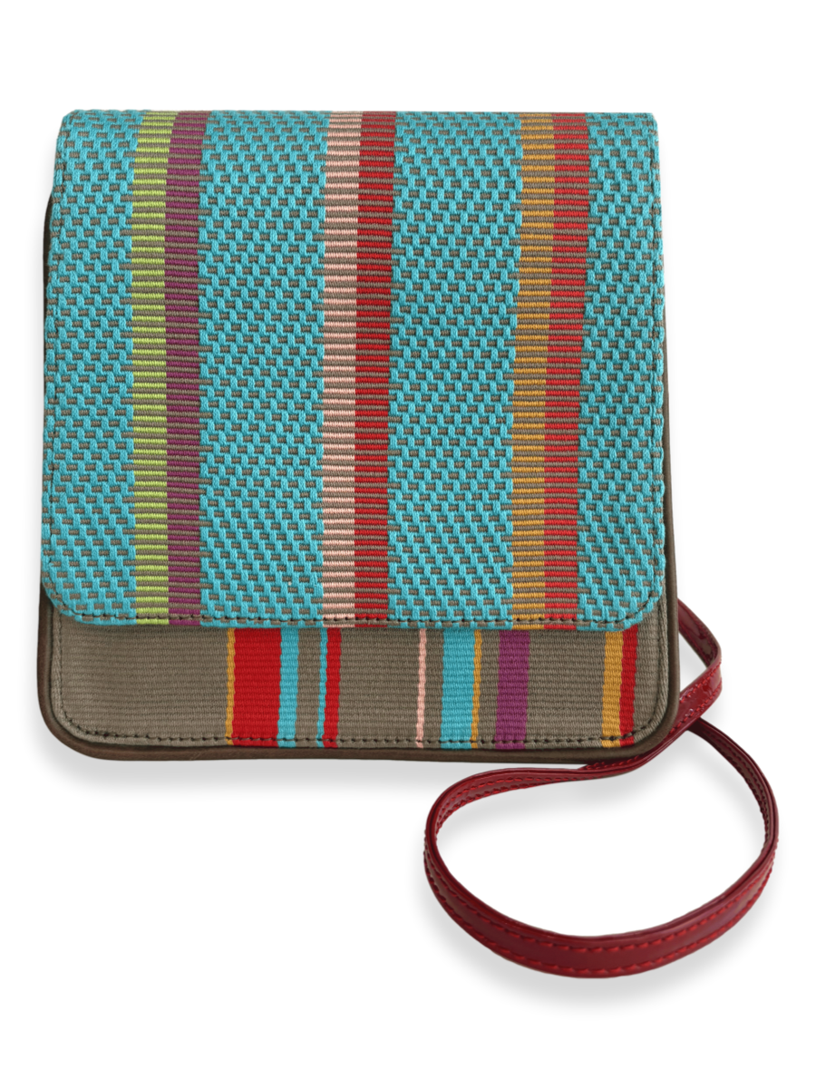 Multicolored striped crossbody bag With  a Red strap. One-of-a-kind Kuskaya handbag from Qinti The Peruvian Shop.