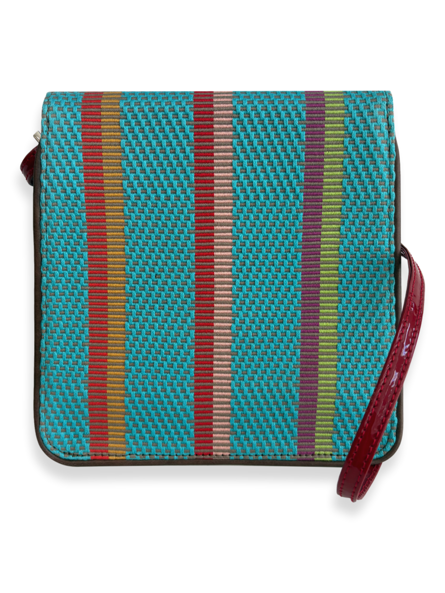 Multicolored striped crossbody bag With  a Red strap and Red Interior. One-of-a-kind Kuskaya handbag from Qinti The Peruvian Shop.