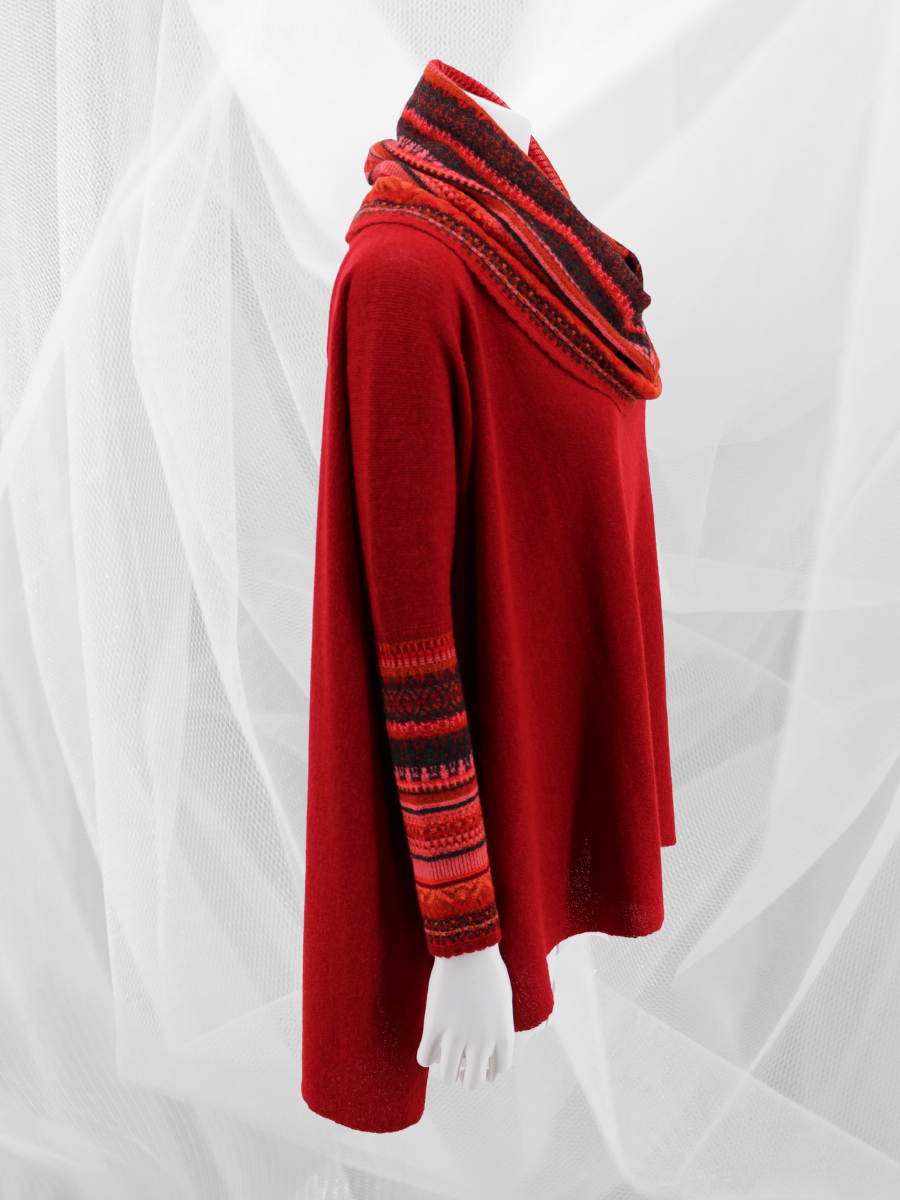 Baby Alpaca Cowlneck Poncho with Sleeves - Red at QINTI The Peruvian Shop