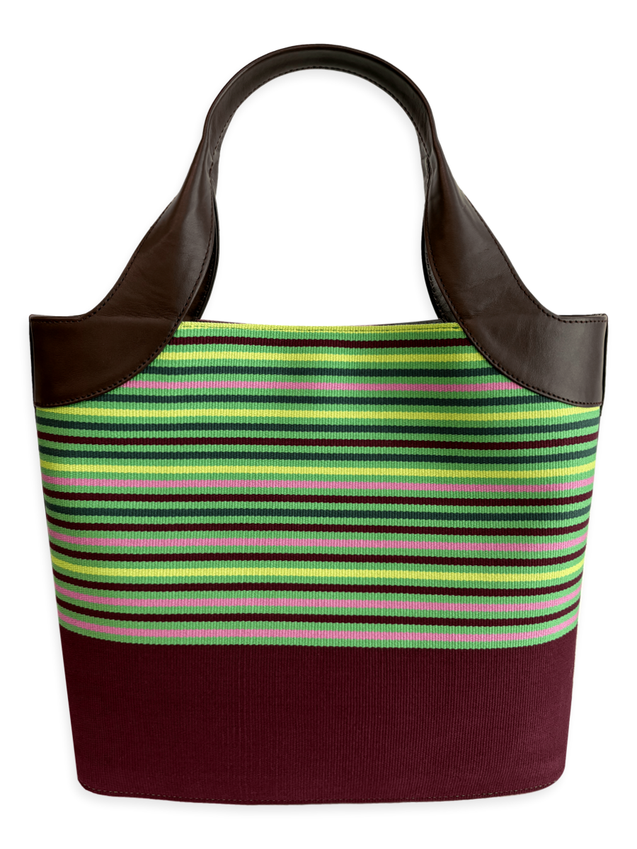 Handmade artisan Pima cotton tote purse featuring pink green and burgundy woven stripe design