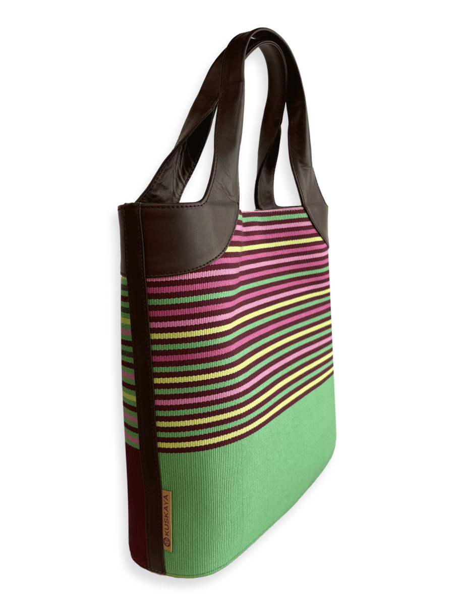 Luxury woven cotton shoulder tote bag with genuine leather straps and vibrant multicolor pattern By Kuskaya