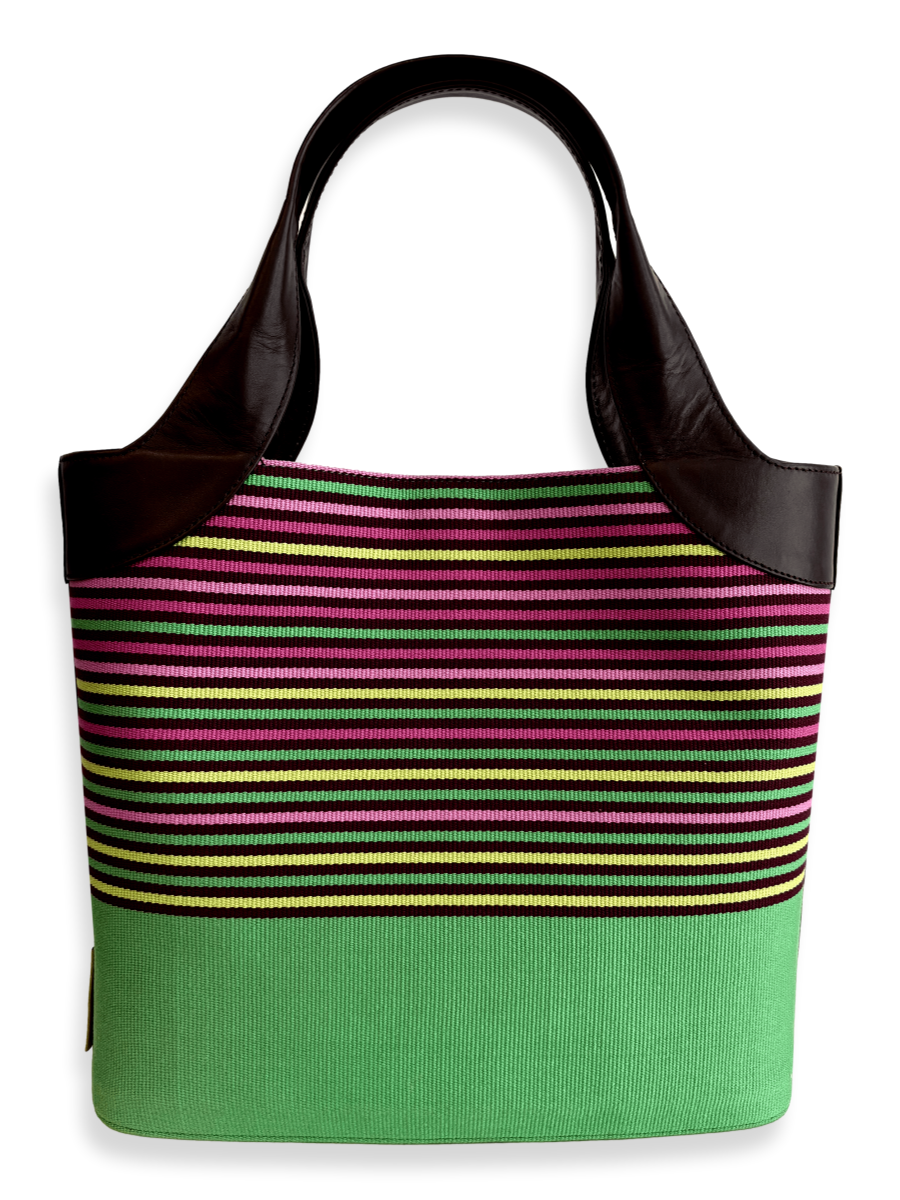 One-of-a-kind handwoven Pima cotton tote bag with colorful striped textile and dark brown leather handles