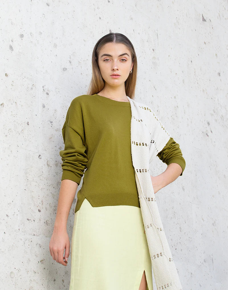 Organic Cotton Crewneck Sweater in Olive Green -  QINTI The Peruvian Shop