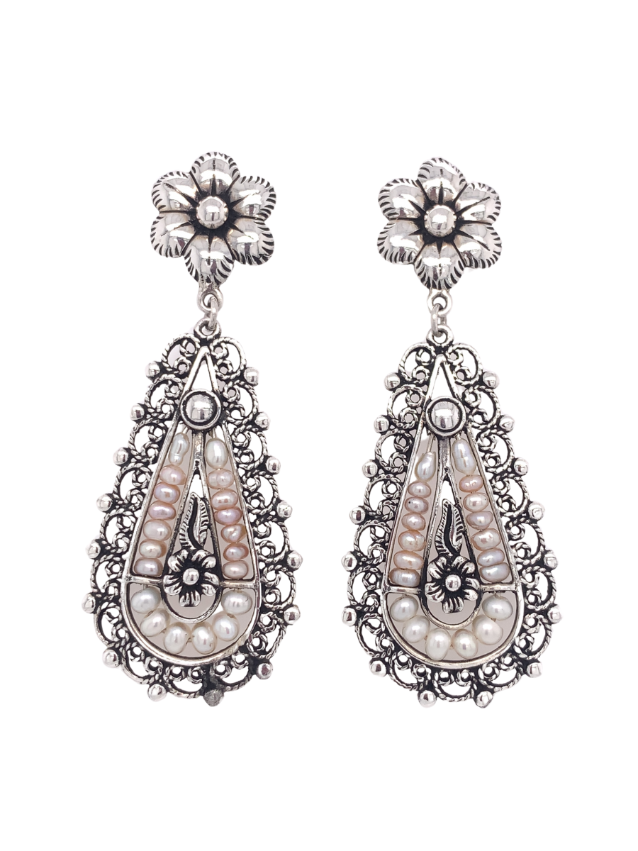 Sterling Silver Filigree &amp; Freshwater Pearls Teardrop Earrings - QINTI The Peruvian Shop 