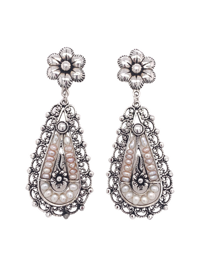 Sterling Silver Filigree & Freshwater Pearls Teardrop Earrings - QINTI The Peruvian Shop 