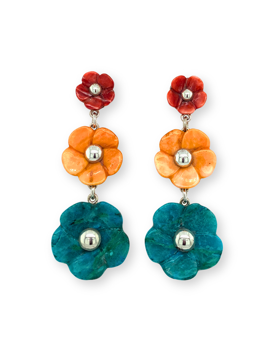 Sterling Silver & Spondylus Shell/Chrysocolla Flowers Dangling Earrings - QINTI The Peruvian Shop