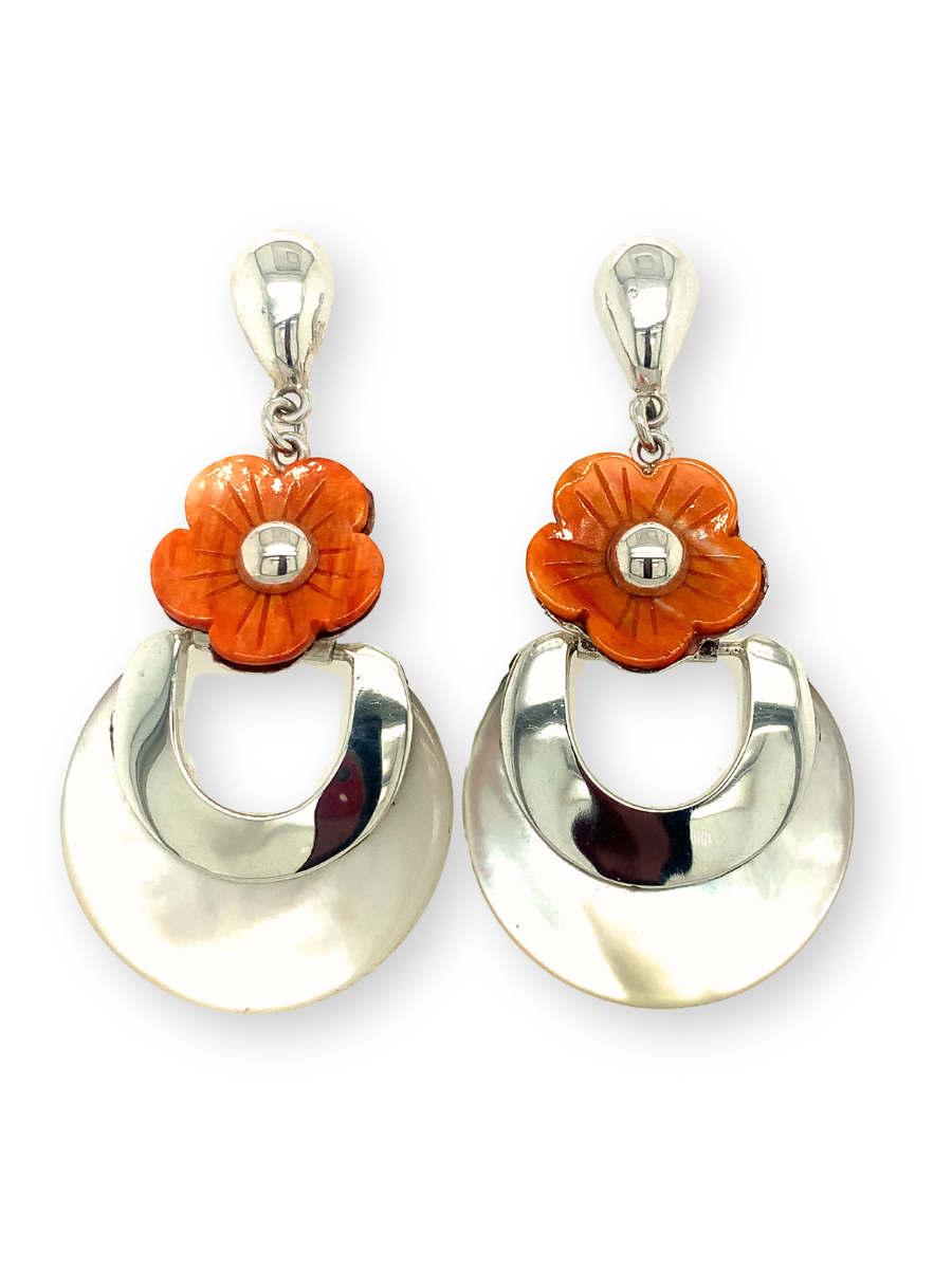 Sterling Silver  Half Moon Earrings with Spondylus Shell  Flower - QINTI The Peruvian Shop