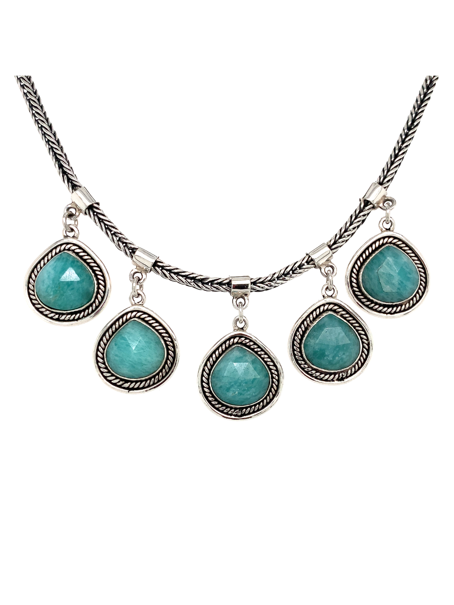 Handcrafted Sterling Silver &amp; 5 Faceted Amazonite Teardrops Necklace - QINTI The Peruvian Shop