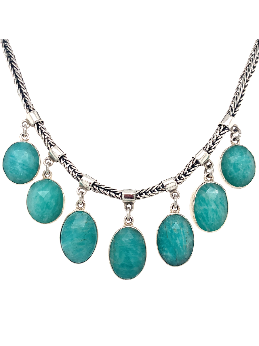 Handcrafted Necklace Sterling Silver &amp; 7 faceted Amazonite Ovals - QINTI The Peruvian Shop