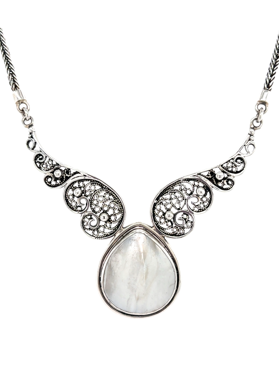 Handcrafted Sterling Silver & Mother-of-Pearl Teardrop Filigree Necklace - QINTI The Peruvian Shop