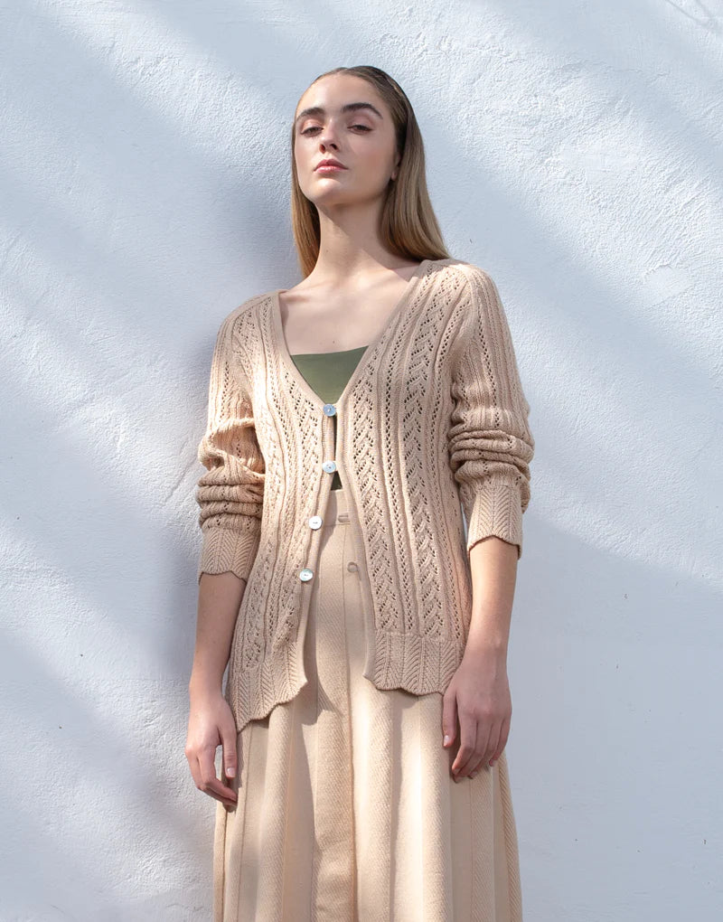 Pima cotton & Viscose cable Knit Cardigan in beige - QINTI The Peruvian Shop