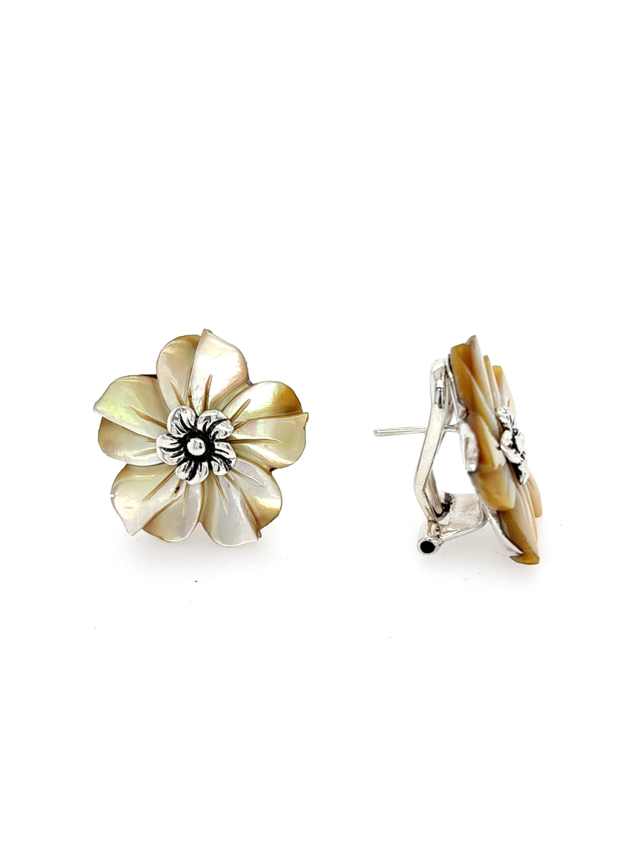 Handcrafted Sterling Silver & Golden Mother-of-Pearl Flower Earrings with French Clip - QINTI The Peruvian Shop